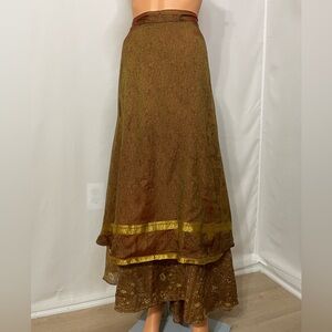 100% Silk Reversible Silk Wrap Skirt GipSea Brown & Gold Boho Maxi Adjustable
